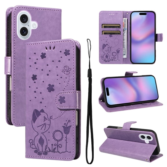 For iPhone 16 Wallet Case Cute Cat Flower Embossed PU Leather Flip Cover [RFID Blocking] with 2 Card Slots Cash Holder Wrist Strap Magnetic Closure Kickstand Folio Case,Purple