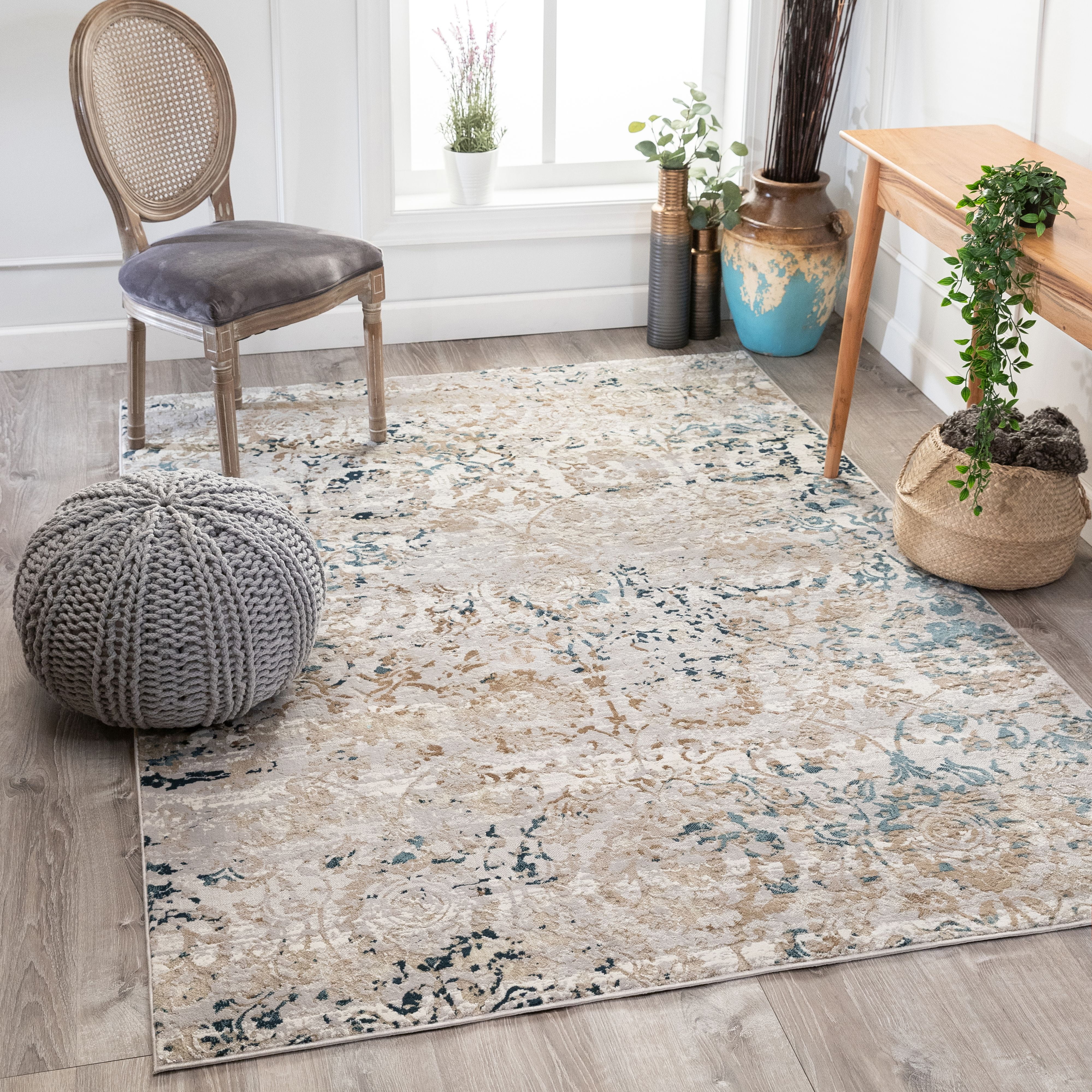 Well Woven Perla Beige & Blue Vintage Floral Area Rug
