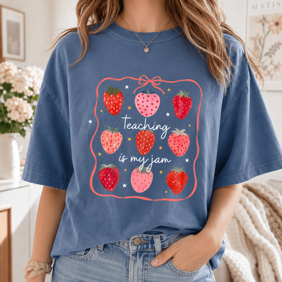 Back to School Teacher Shirt, Teaching Is My Jam Strawberry Tee, Cute First Day of School Outfit, Teacher Appreciation Gift for Educators