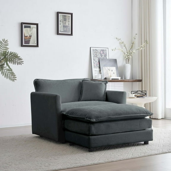 Gray Chenille Accent Chair with Ottoman, Modular Living Room Armchair for Relaxation and Reading