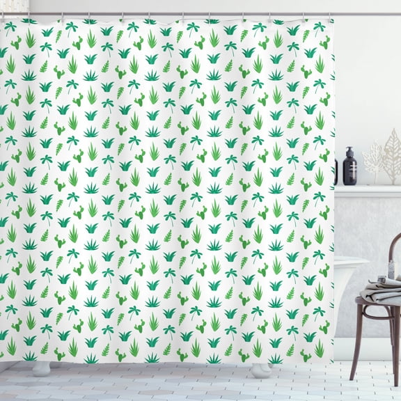 Cactus Print Shower Curtain, Continuing Illustration of Leaves Plants Succulents Botanical Garden Art, Fabric Bathroom Set with Hooks, 69W X 75L Inches Long, Green and White, by Ambesonne