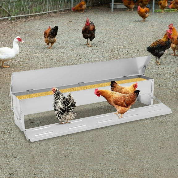 10kg (22lbs) Automatic Chicken Feeder – Silver Galvanized Sheet, 38.58x6.3x13.78in – for Chickens/Ducks/Geese