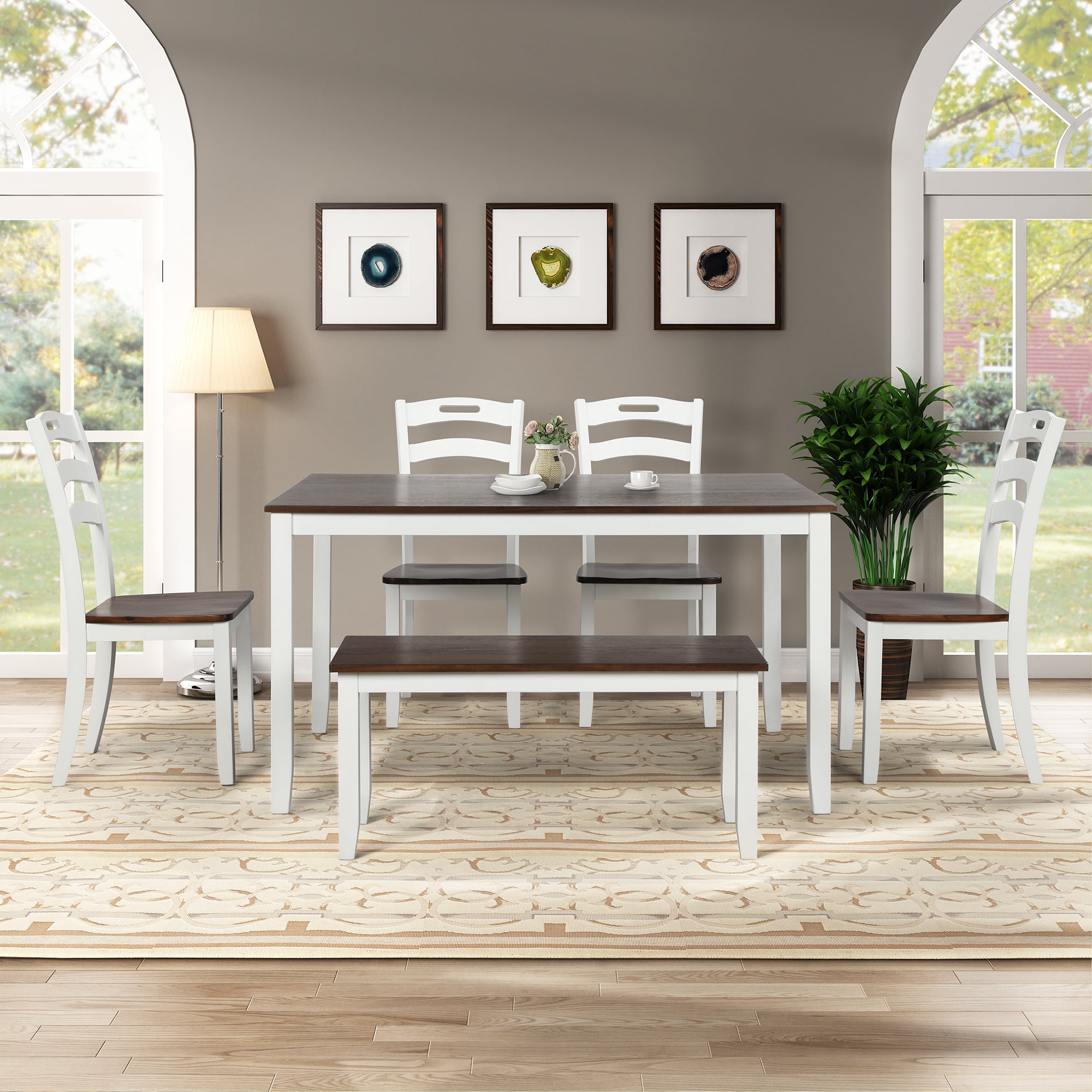 Dining Room Table Set with Bench, URHOMEPRO 6 Piece Wood Dining Set