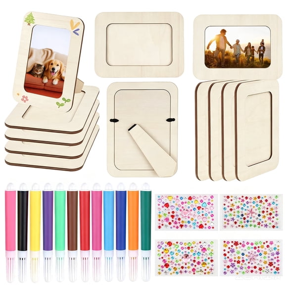 KORALAKIRI 12Pcs Wooden Picture Frames for 4x6 in Photo, DIY Wood Standing Photos Frame with 12Pcs Painting Color Pens, 4 Sheets Crystal Diamond Stickers Craft Kit