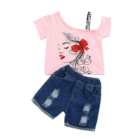 

Bowanadacles Kid s Printed Round Neck Short Sleeve T-Shirt with Denim Shorts