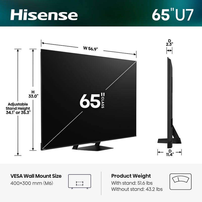 Hisense 65" U7 Series MiniLED QLED UHD 4K HDR Smart Google TV (65U7SG, 2026 Model) - Hi-QLED MiniLED, Native 165Hz front and back view