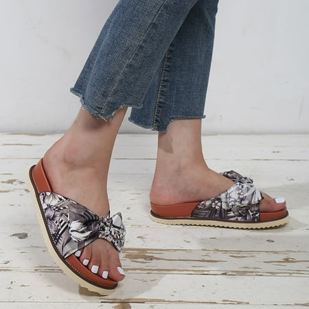 

SUODUI Women s Slippers Ladies Fashion Floral Print Bow Fabric Beach Open Toe Flat Casual Slippers Black 8