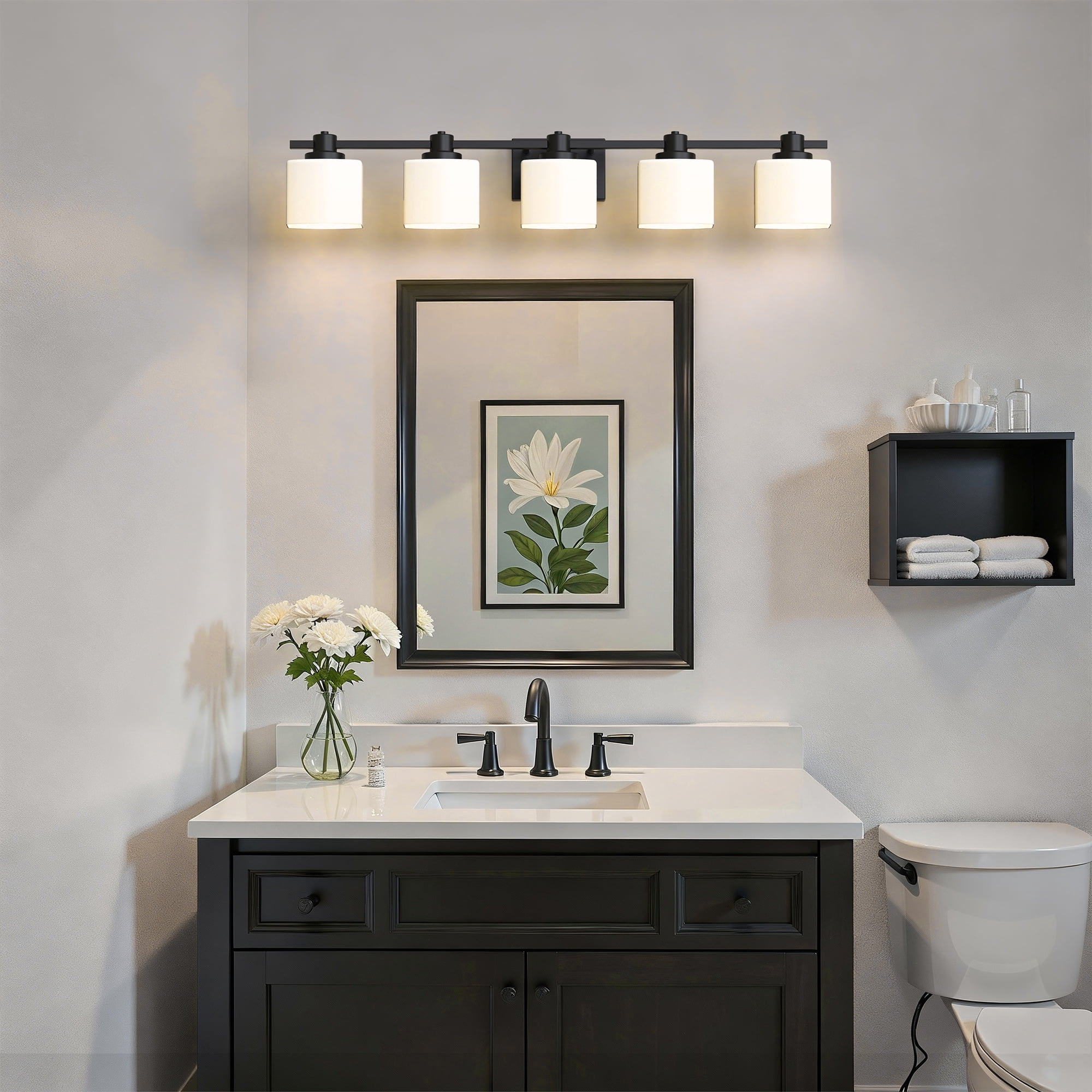YANSUN 39.8 in 5-Light Bathroom Vanity Light, Black Linear Sconce with Square Milky Glass Shades for Bathroom, Vanity Table (Bulbs Not Included)