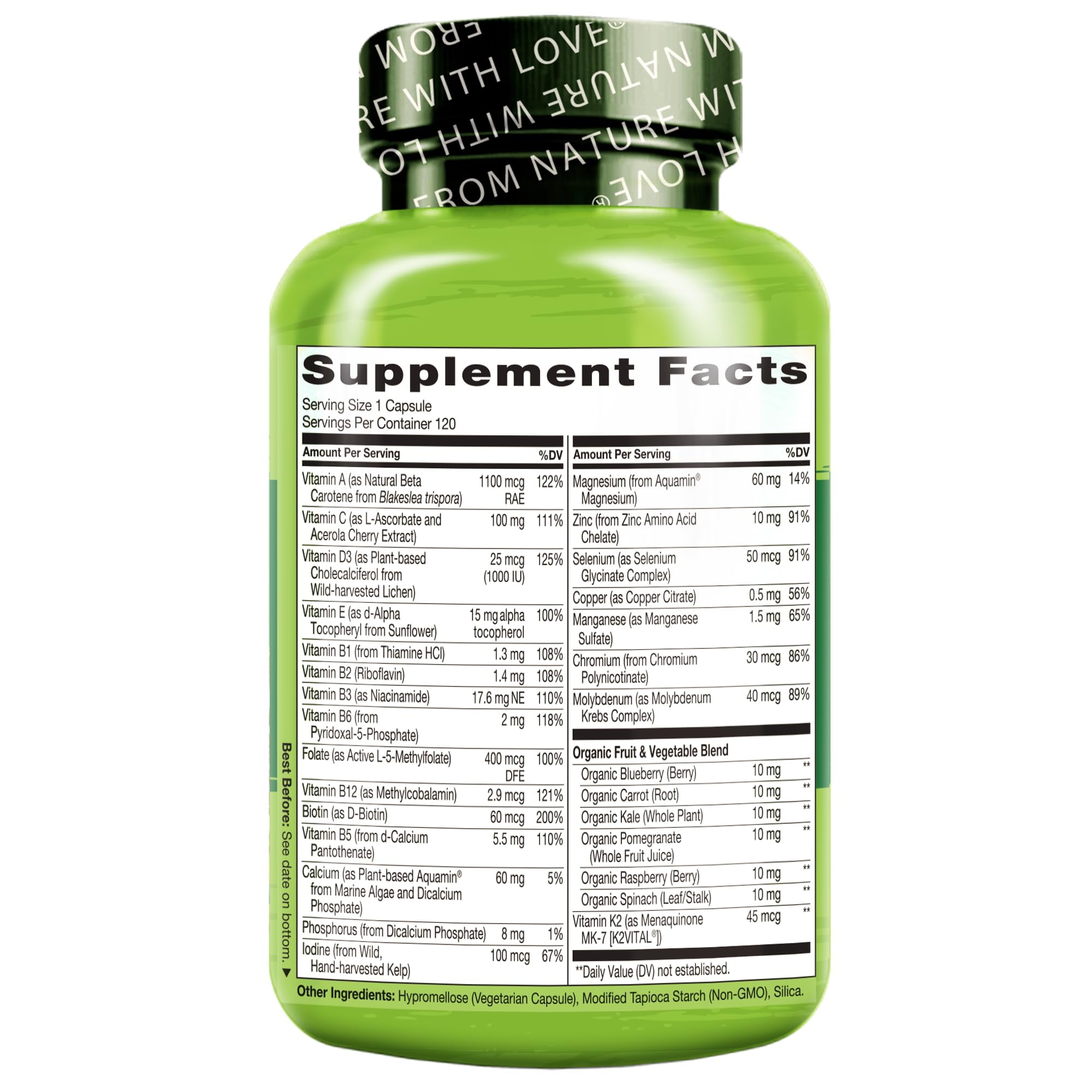 NATURELO Mens Multivitamins for Men 50+ - One Daily Multivitamin for Men with Vitamins, Minerals & Organic Whole Foods, Boost Energy & Health, Non-GMO, 120 Vegetarian Capsules