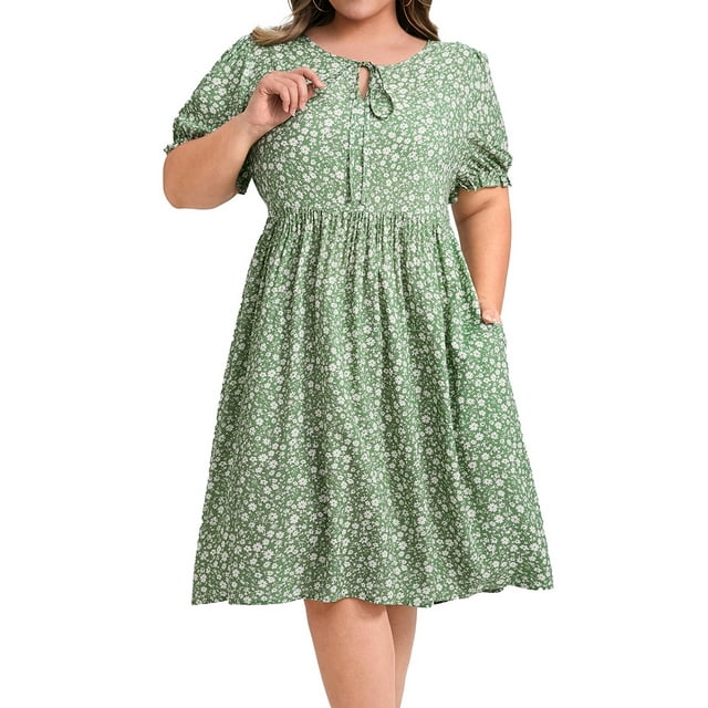 GRACE & GRANDEUR Vestido A-Line de Talla Grande para Mujer con Estampado Floral Ditsy, Cuello con Lazo, Mangas Abullonadas y Cintura Elástica 4X Verde Claro