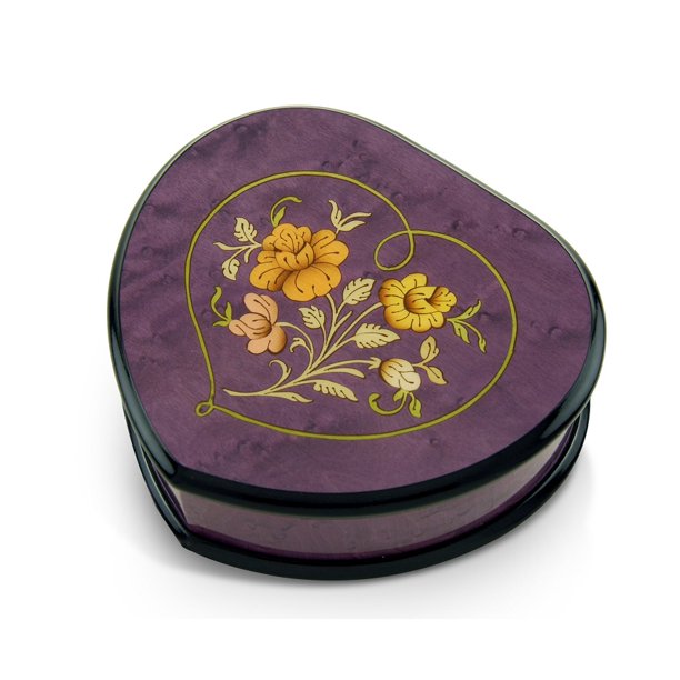 Elegant 30 Note Lavender Heart Shaped Music Jewelry Box with Floral in Heart Frame Inlay Design