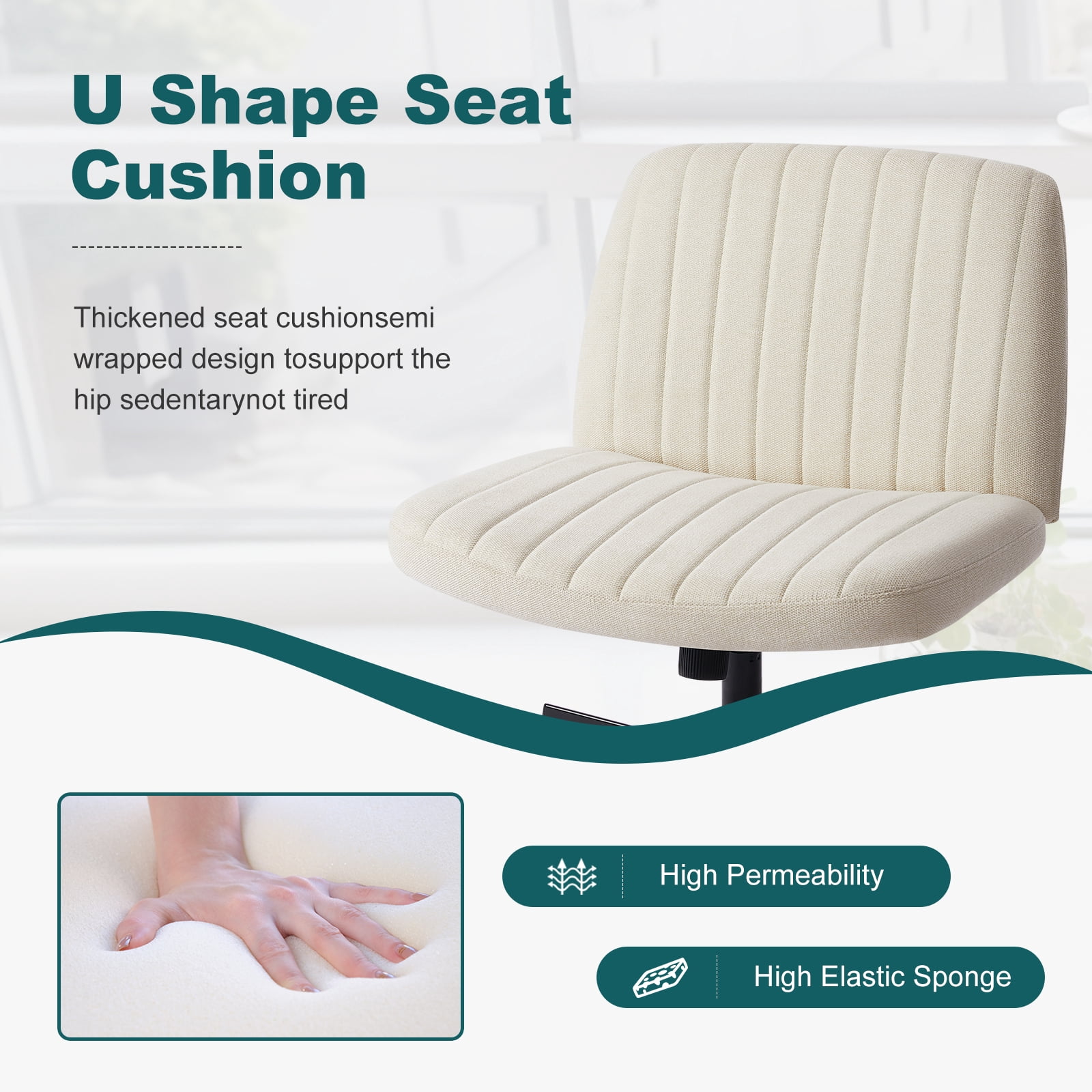 JIOABL Criss Cross Chair with Wheels,Wide Seat Ergonomic Desk Chair,U Shaped Backrest,Height Adjustable Armless Swivel Chair for Home Office,Vanity & Living Room,Linen Beige