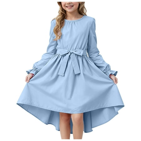 Karoyedx Toddler Fall Dress Girls Long Sleeve Dress Velvet Square Neck Midi Fall Winter Long Sleeve Vintage Plain Dress Light Blue Size 9-10 Years