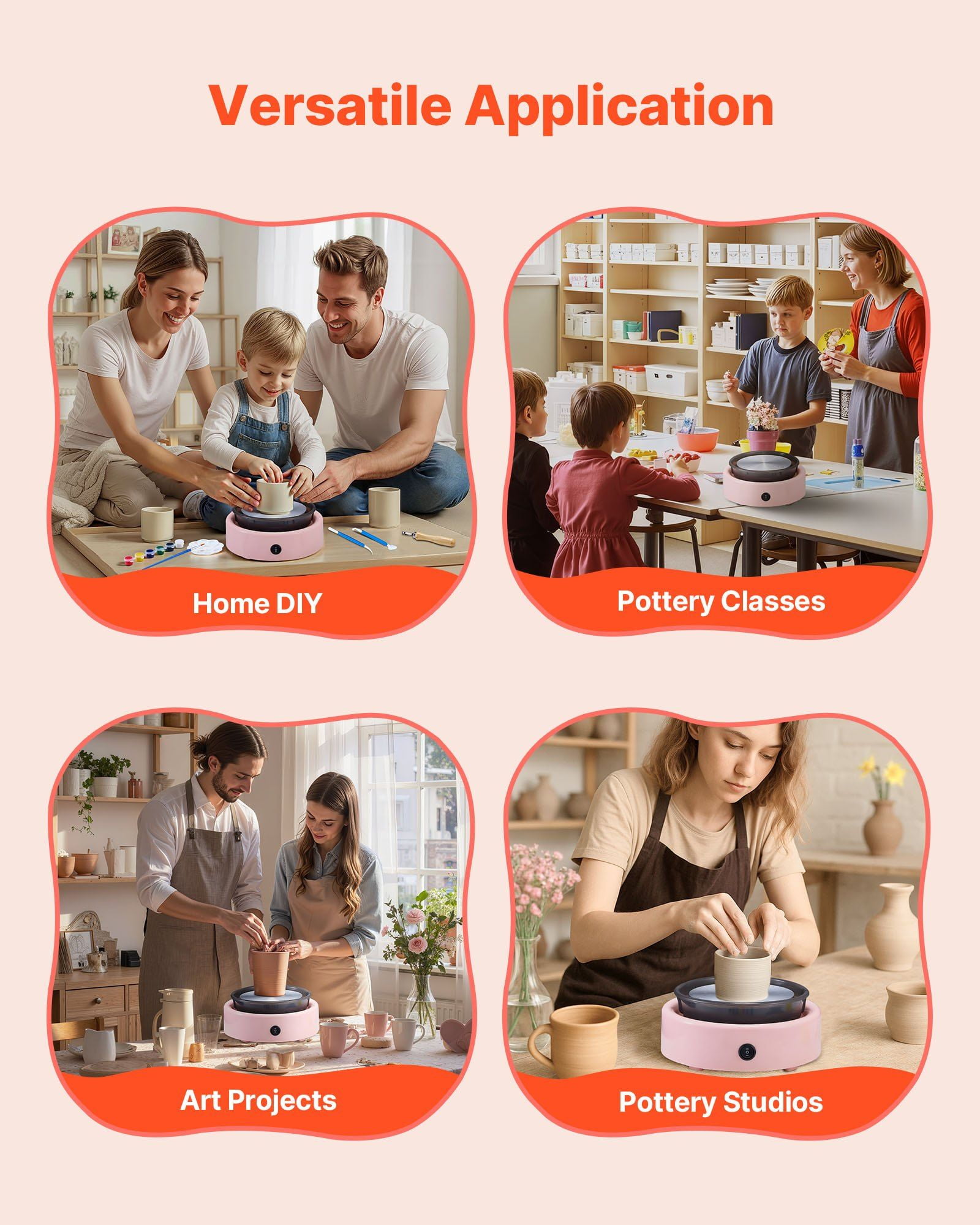 Mini Pottery Wheel 6 Inch Turntable Adjustable Speed Forward Reverse Rotation Electric Clay Wheel with Shaping Tools for Kids Beginners Home DIY Pottery Classes Pink