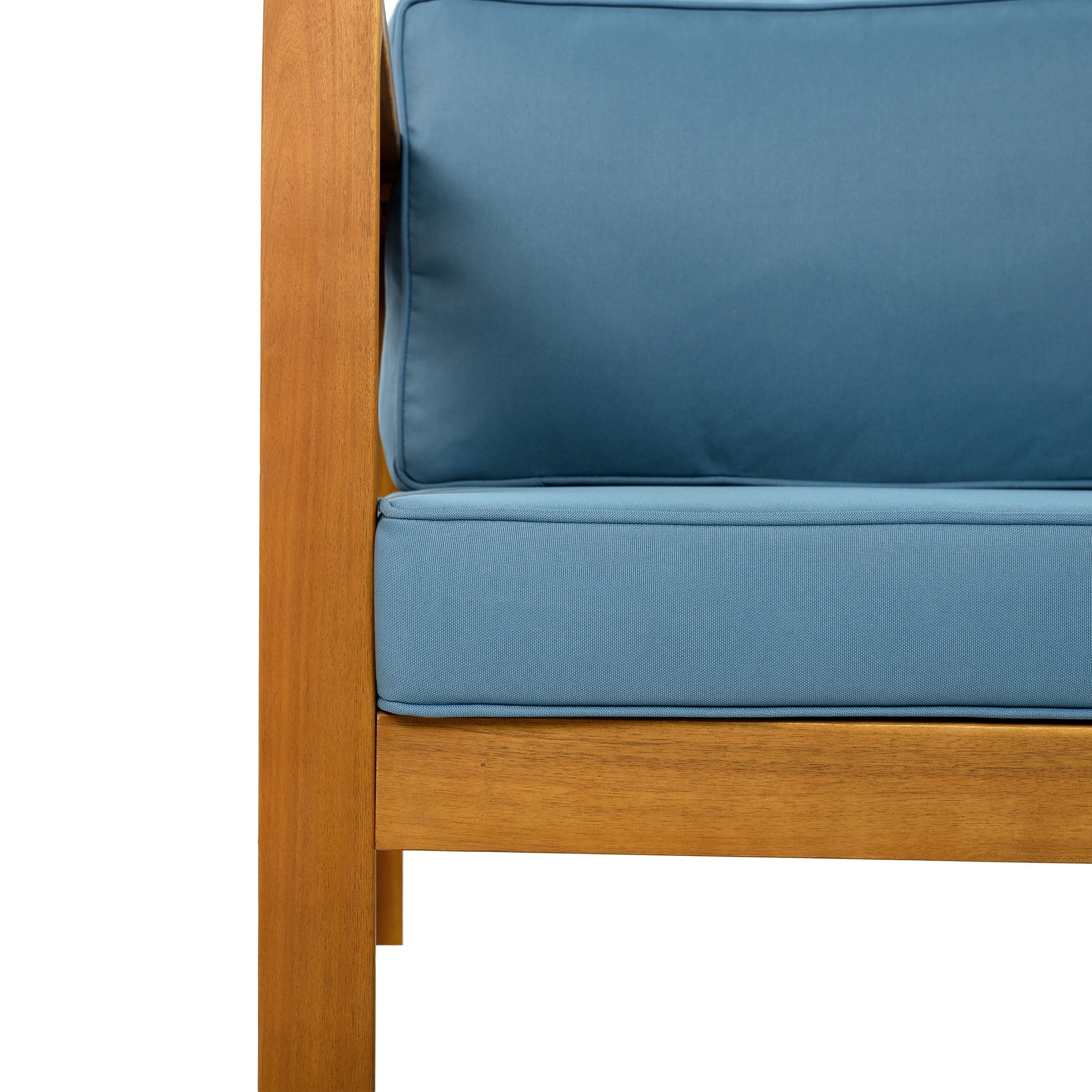Christopher Knight Home 3-Piece Outdoor Wood Bistro Set, Armchair with Round Side Table, Blue Cushion
