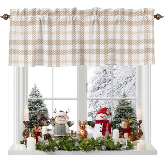 Valances for Windows Farmhouse Pastoral Khaki Tartan Plaid Rod Pocket Short Curtain for Bathroom Living Room Bedroom Chic Lattice 1 Panel 60x18in