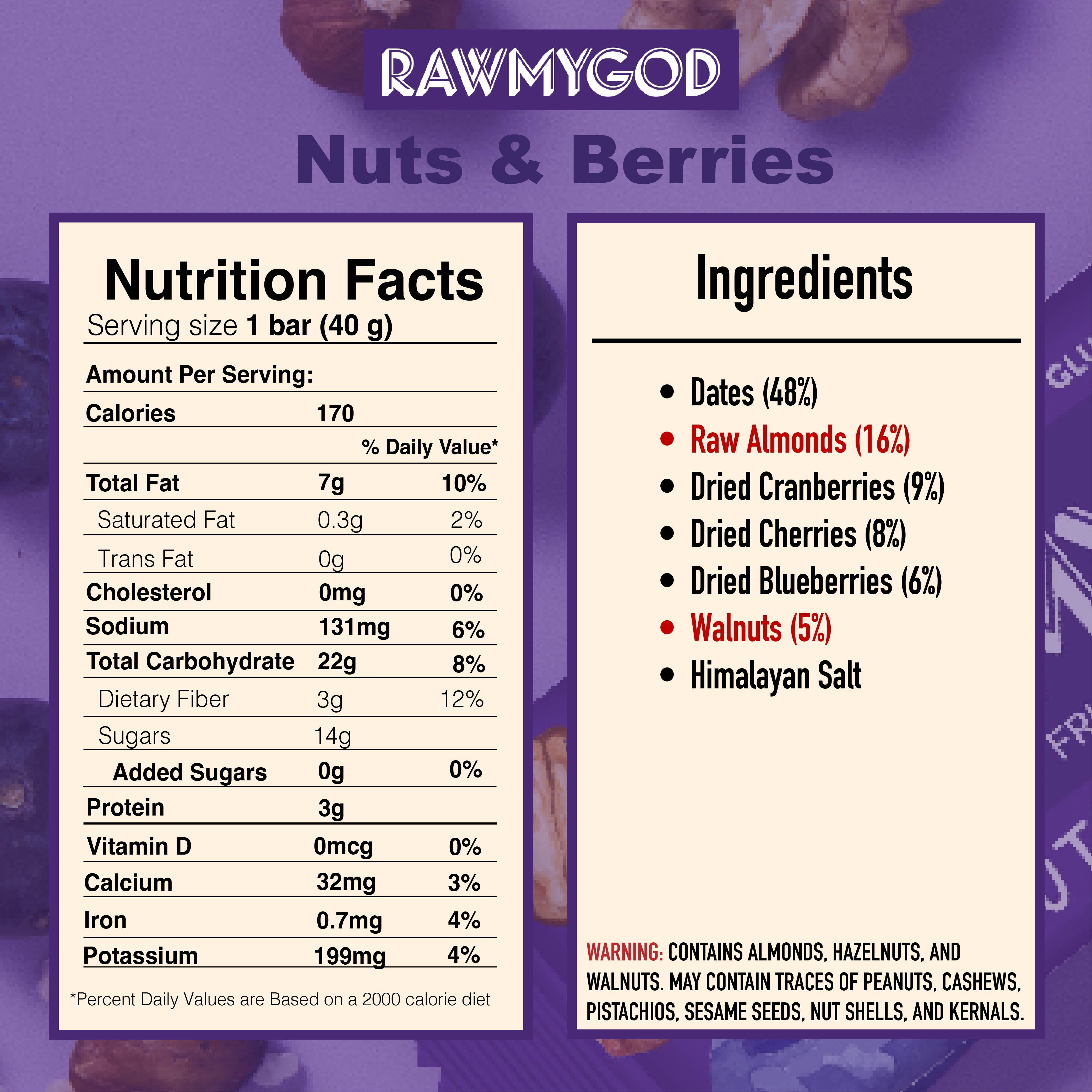 RAWMYGOD Raw Fruit and Nut Bar Nuts & Berries, Gluten Free, Vegan, No Added Sugar, 16 pack, 170 Calories per Bar
