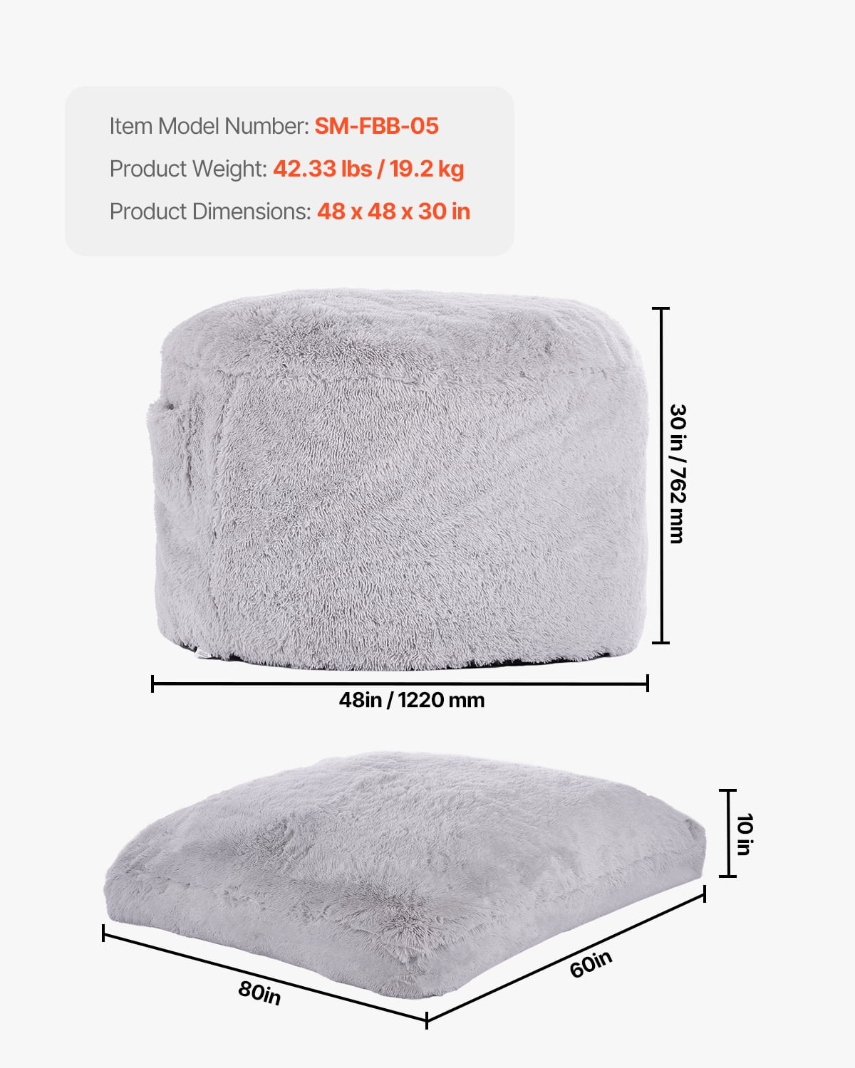 VEVOR Bean Bag Bed Chair, Convertible Chair from BeanBag to Lounge or Mattress, Gaint Bean Bag Chair Bed with Washable Cover for Adults, Fluffy Plush, Foam Filling and Side Pocket, Grey(Queen Size)
