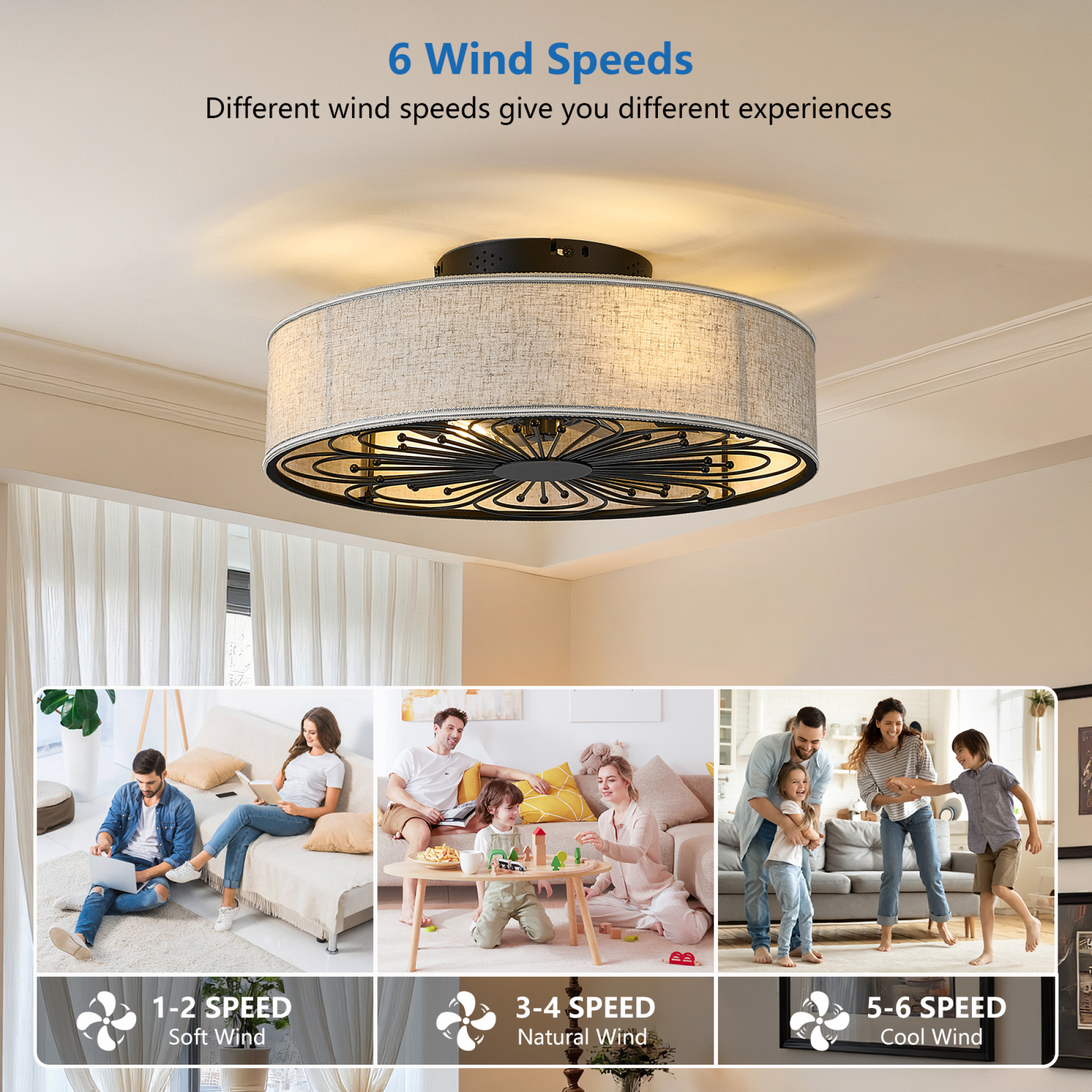 Leumius Caged Ceiling Fans with Lights Flush Mount,Low Profile Ceiling Fan with Remote,20 Inch Farmhouse White Ceiling Fan for Bedroom,6 Speeds Reversible Silent Fandalier (Bulb Not Included)
