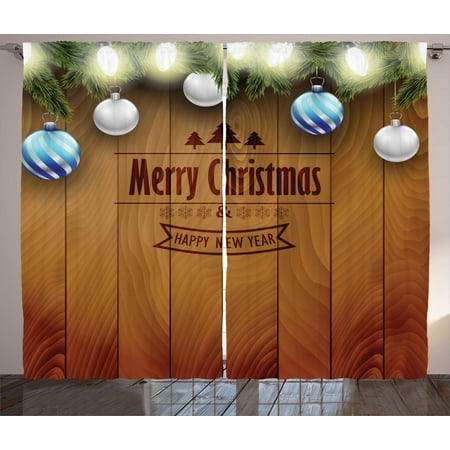Christmas Curtains 2 Panels Set, Wooden Setting with Bright Silver Balls Fairy Lights and Pine Twigs Best Wishes Theme, Living Room Bedroom Decor, Brown, by (Best Price Wood Windows)