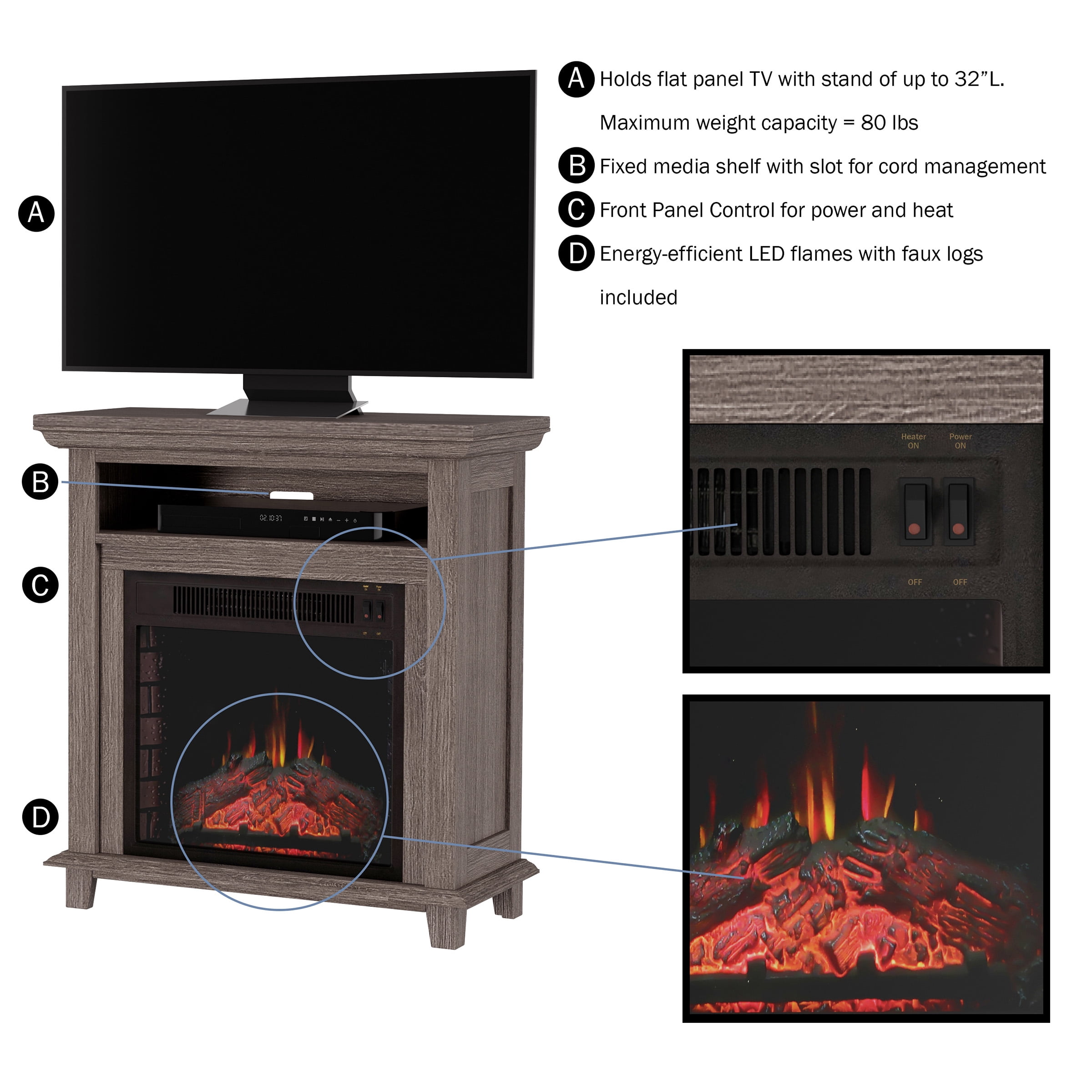 Electric Fireplace TV Stand for 32-Inch TVs – Console with Shelf, Faux Logs, and LED Flames – Heats Rooms up to 400-Square-Feet by Northwest (Gray)