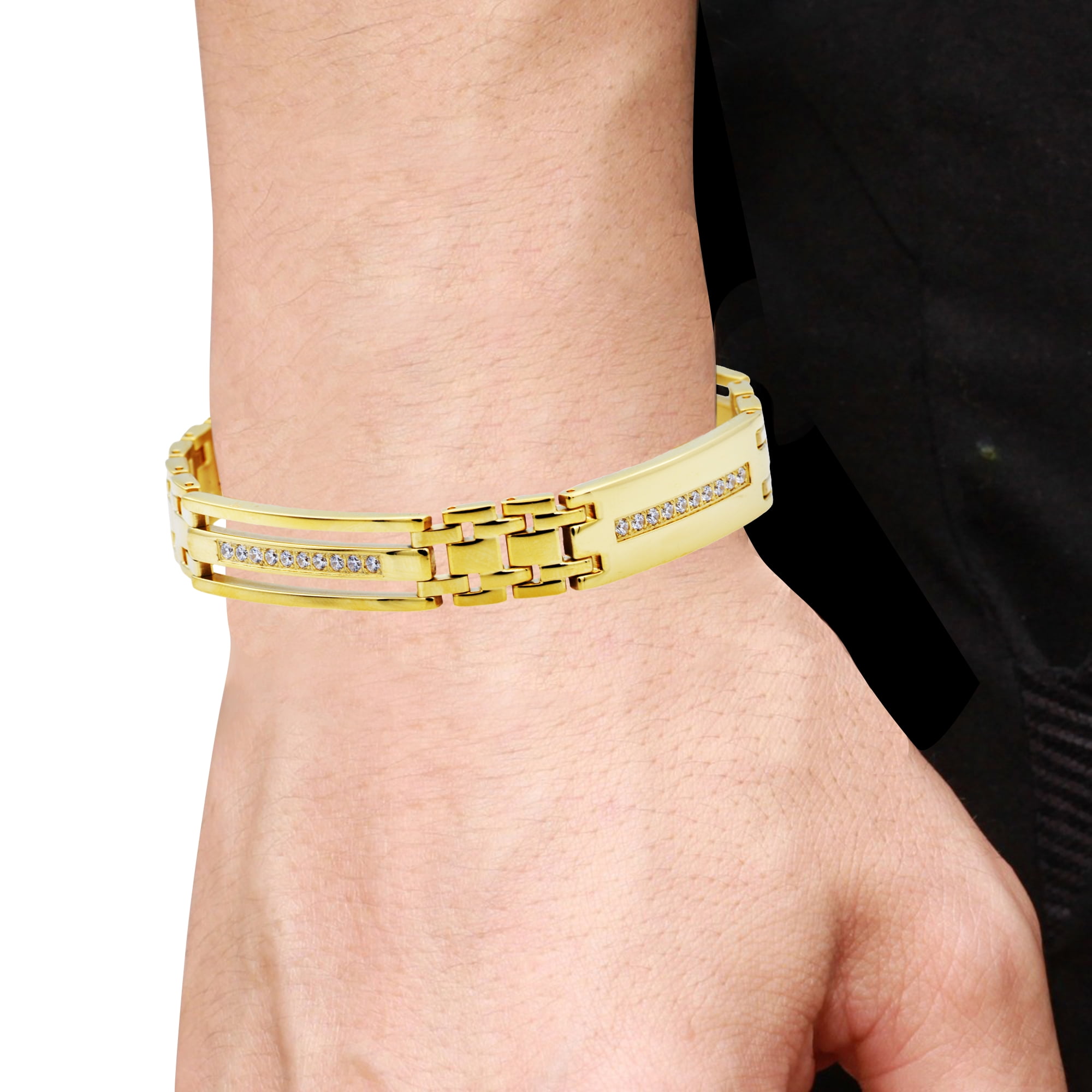 Arista Cubic Zirconia Diamonds Men's Link Bracelet in Black Plated Stainless Steel, 8.5"