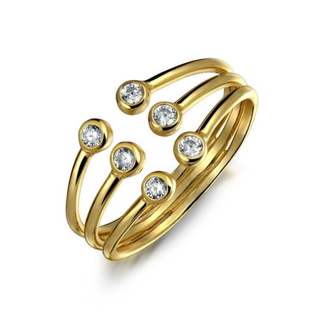 - Tri Stone Stackable Colorless Cubic Zirconia Open 3 Row Statement Ring 14K Gold Plated 925 Sterling Silver