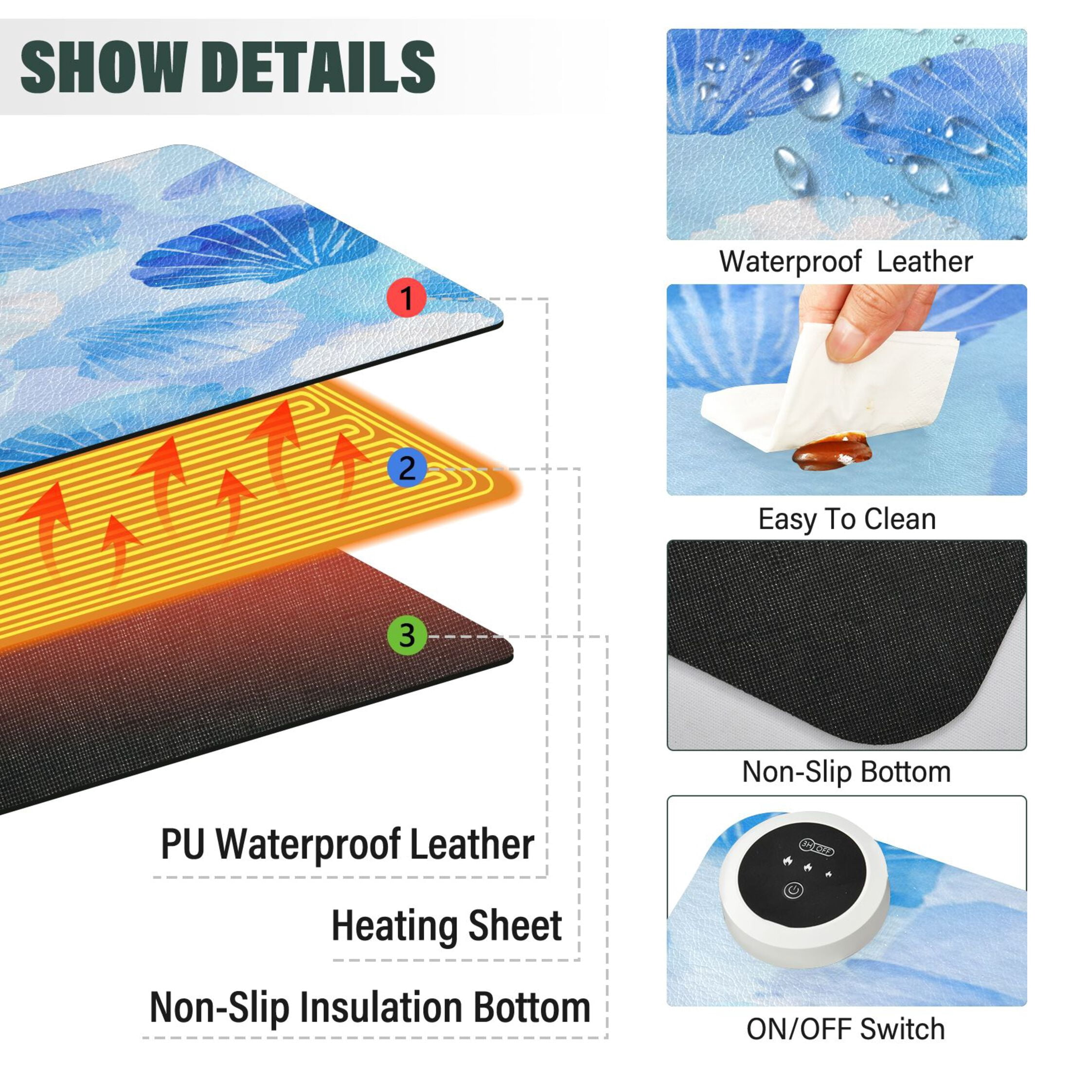 Large Heated Desk Mat Mouse Pad 31.5"x13"PU Leather Graphene Heating Desk Warmer with 3 Temperature Settings 110V US Plug Non-Slip Warm Pad for Home, Office, and Gaming Blue Scallop Shells Watercolor