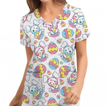 

Jovati Womens Nursing Scrub Tops Easter Egg Bunny Printed Working Uniform Short Sleeve V Neck Workwear Blouse T-shirt with Pockets On Clearance