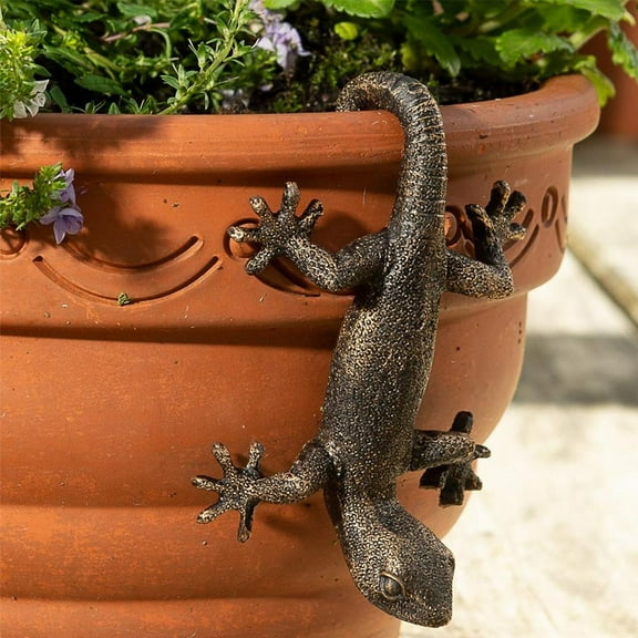 Vintage Bronze Gecko Planter Pot Hugger Flower Figurine – Resin Climbing Lizard Statue for Garden, Fairy Garden Terrarium, Outdoor Fence, Yard,
