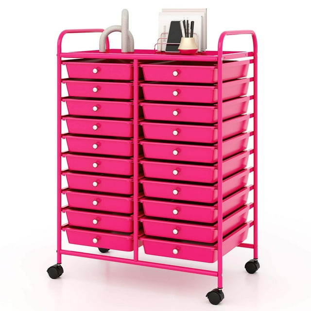 Costway 20 Drawers Rolling Storage Cart Art Craft Organizer on Wheels Multipurpose Hot Pink