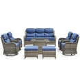 thumbnail image 2 of PARKWELL 8-Piece Outdoor Patio Furniture Set with Fire Pit,High Back Conversation with Swivel Glider Chairs,Footrests,50,000 BTU,Luxury 6" Thick Cushions,Wicker Patio Set for Deck, Backyard,Gray/Navy, 2 of 13