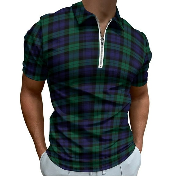 Blackwatch Tartan Modern Cute Blue And Green Plaid Men Zipper T-shirt Summer Casual Short Sleeve T-shirt Top
