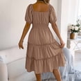 thumbnail image 4 of Hduncf Women's Fashion Casual Summer Square Neck Smocked Waist Puff Sleeve Ruffle Hem Solid Color Long Style Tiered Midi Dress Yellow S, 4 of 5