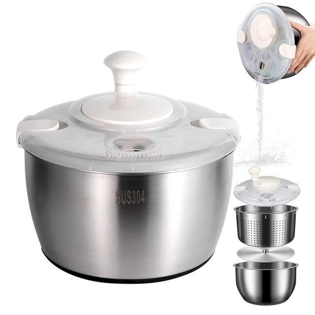 6L Stainless Steel Salad Spinner with Bowl – Large Capacity Vegetable & Fruit Washer & Dryer for Lettuce, Kitchen Pasta & Fries Strainer