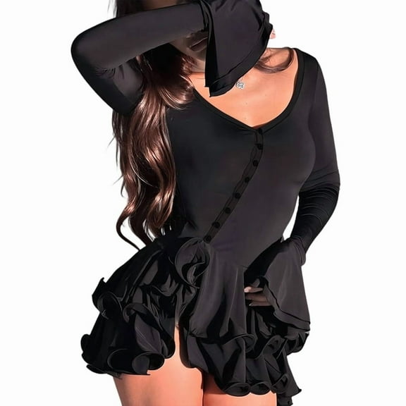 Women'S Long Sleeve Wedding Guest Dresses Sexy Deep V Neck Flare Ruffle Bodycon Dress Black (Black Edge) S