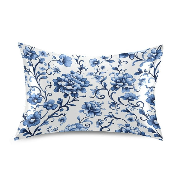 Satin Pillow Case Standard Silk Pillow Cover for Hair and Skin Envelope Closure Floral with Blue Flowers 20"x26"
