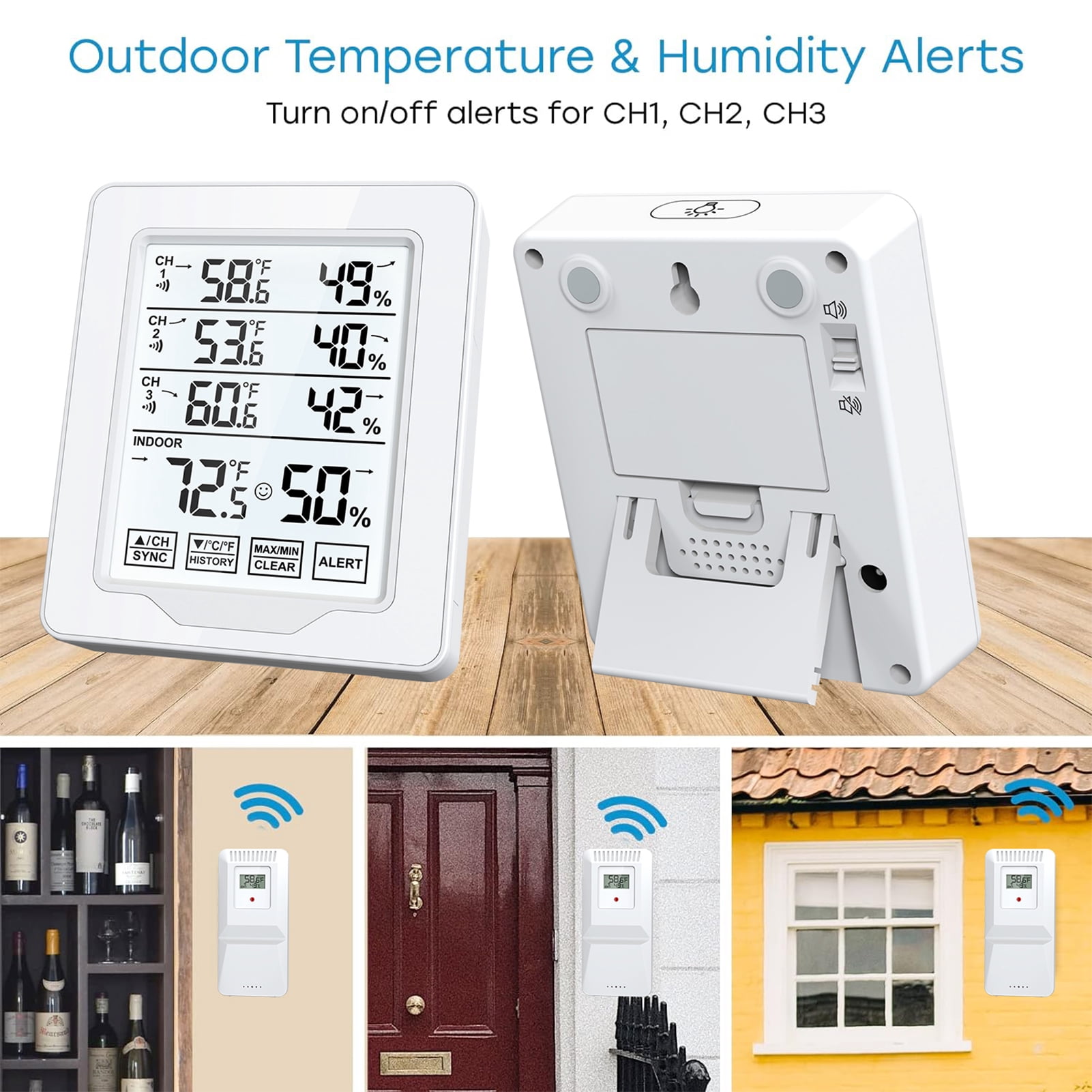 Indoor Outdoor Thermometer and Humidity Monitor 500ft/150m Range with 3 Remote Sensors and White Backlight Hygrometer Thermometer