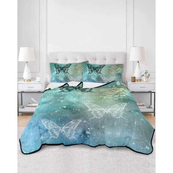 Quilts King Size, Turquoise Vintage Butterfly Soft Comforter Bedding Set for Bed, Watercolor Retro Art Lightweight Quilted Bedspread with Pillow Cover(2 Pieces) for All Season, 96x106 Inch