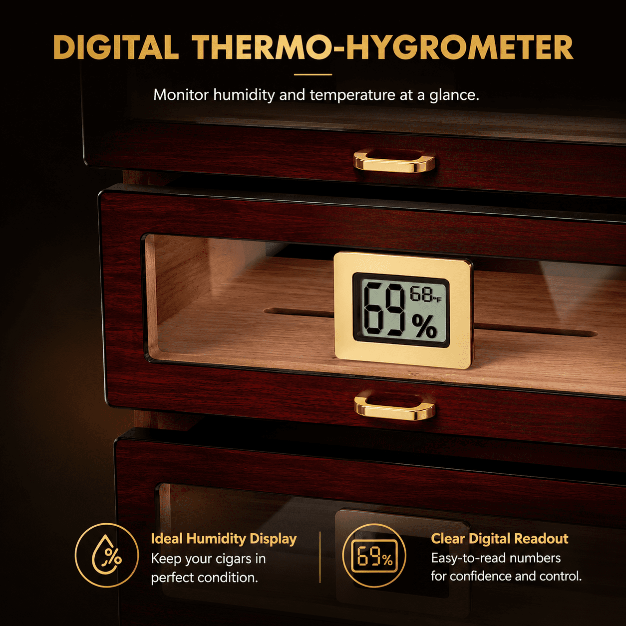 Marvero Cedar Wood Cigar Humidor Cabinet, Digital Hygrometer, 3 Movable Drawers, Double Glass Door, Gold-Plated Hardware, Humidifier, Holds Up to 100-200Cigars