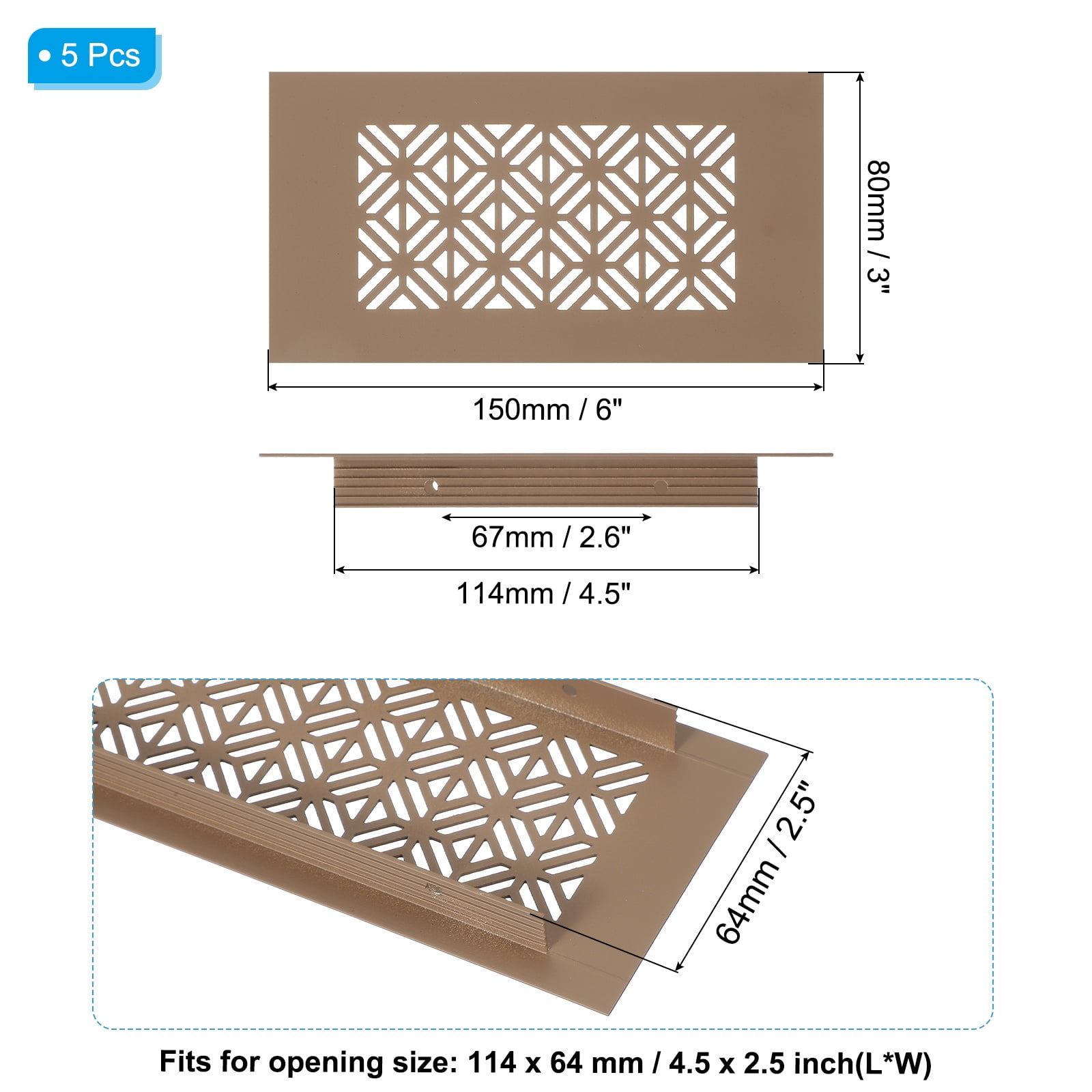 Uxcell 5 Set 6 x 3 Inch Door Air Vent Cover, Heavy Duty Aluminum Grille Ventilation Cover Louvered with Mounting Screws for Cabinet Wardrobe Door, Brown