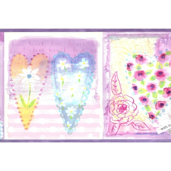 Prepasted Wallpaper Border - Kids Purple, Pink, Blue Hearts, Love Wall Border Retro Design, 15 ft x 7 in (4.57m x 17.78cm)