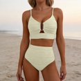 thumbnail image 2 of QURATI Swimwear Women'S Bikini V Neck Cutout Swimsuit High Waist Textured Pleated Swimsuit Beige L, 2 of 7