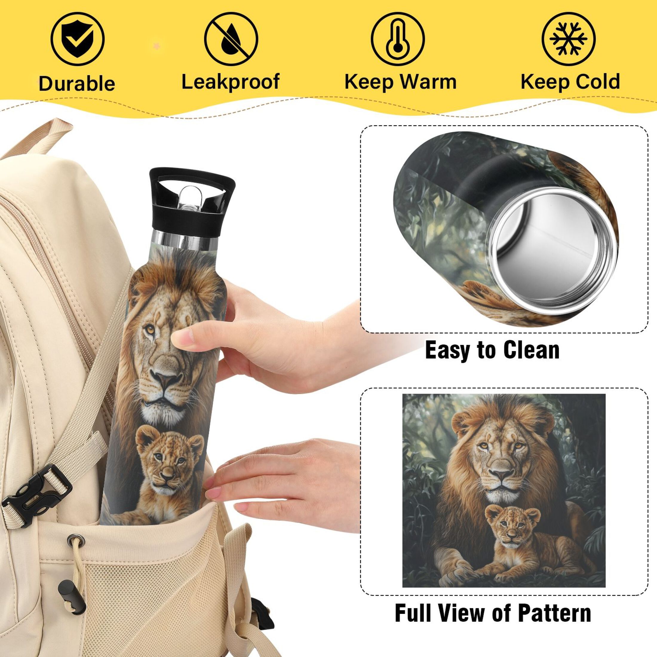 600ML Stainless Steel Insulated Cup Sports Water Bottle Portable Thermos Cup Water Glasses Insulated Tumblers Convenient and Durable Lions