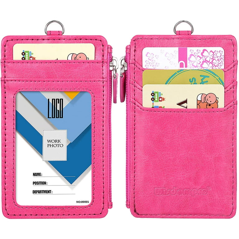 Badge Holder with Zip, Wisdompro Double Sided PU Leather ID Badge Card Holder Wallet Case with 5 Card Slots, 1 Side Zipper Pocket and 20 inch