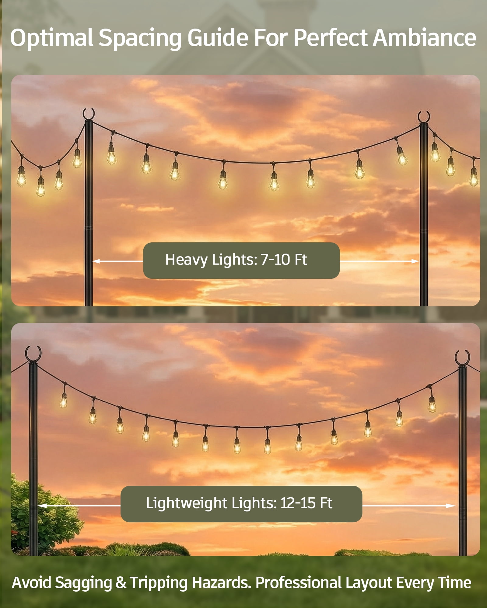 String Light Poles 2 Pack, Heavy Duty Outdoor Light Poles with Upgraded 5‑Prong Base, Anti‑Bending Stable Design for Backyard Patio Garden Wedding Party Decoration