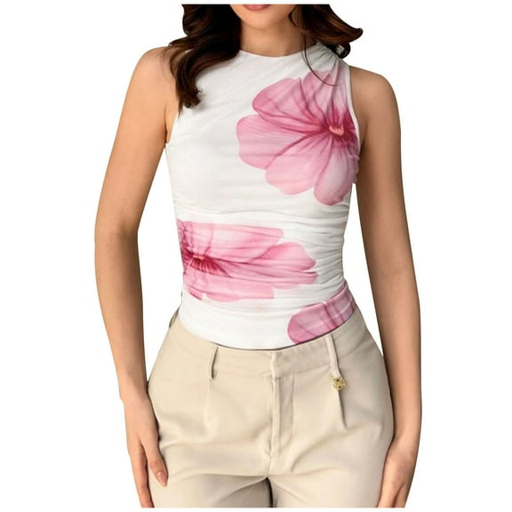 Women's Mock Neck Sleeveless Crop Tank Tops Summer Tie-Dye Trendy Ruched Blouse Mesh Slim Fit Baselayer Tee