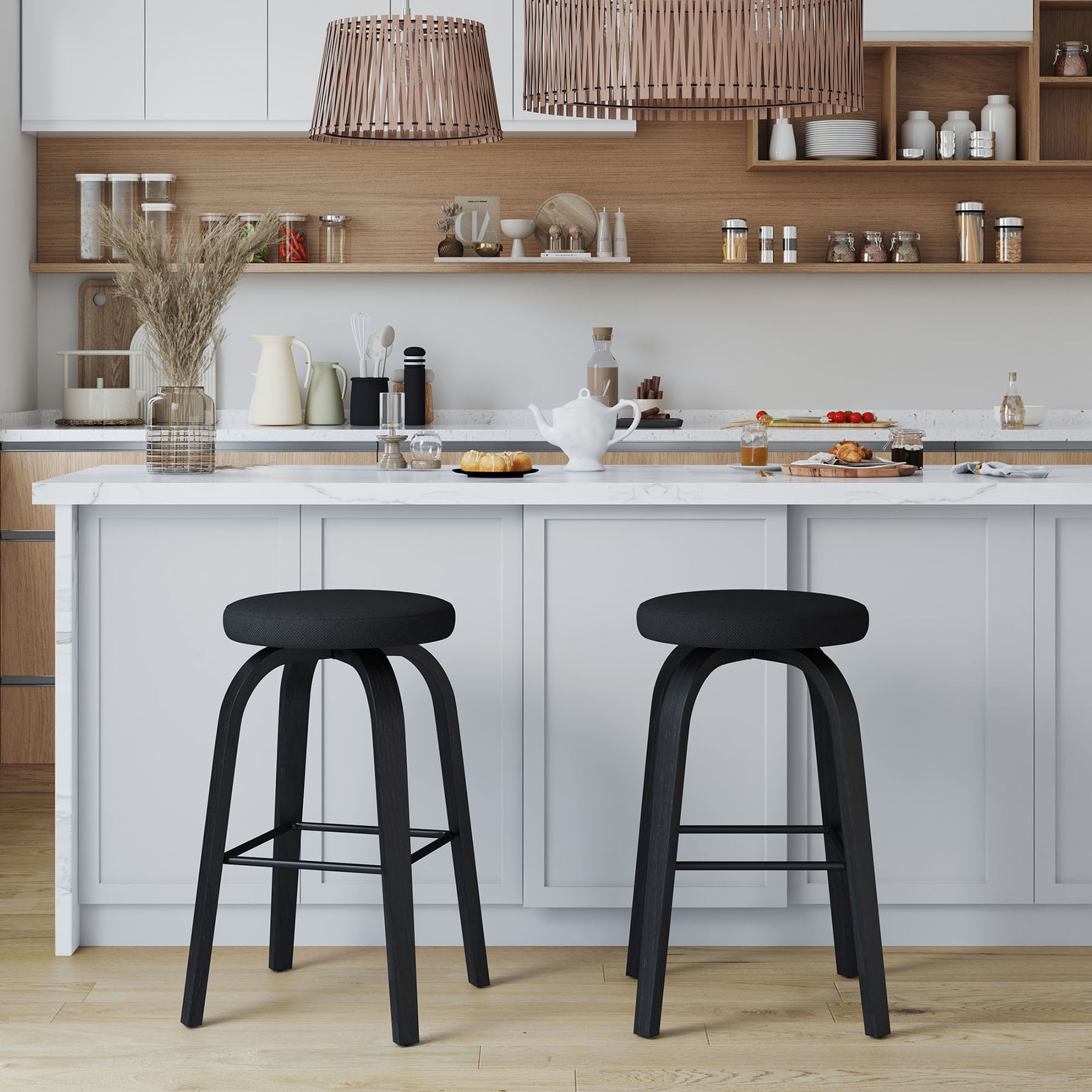 S-HOME Swivel Bar Stools Set Of 2,  Fabric Upholstered 30 Inch Height, Ideal For Restaurants And Home Use，Black