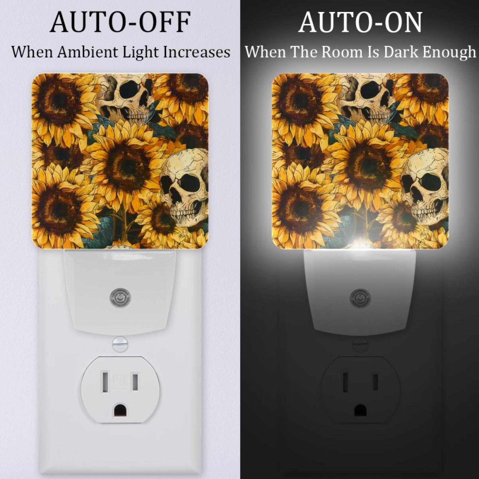 PhooArto Skull and Sunflower Pattern Plug in LED Night Light Auto Sensor Dusk to Dawn Decorative Night for Bedroom, Bathroom, Kitchen, Hallway, Stairs, Baby's Room, Energy Saving
