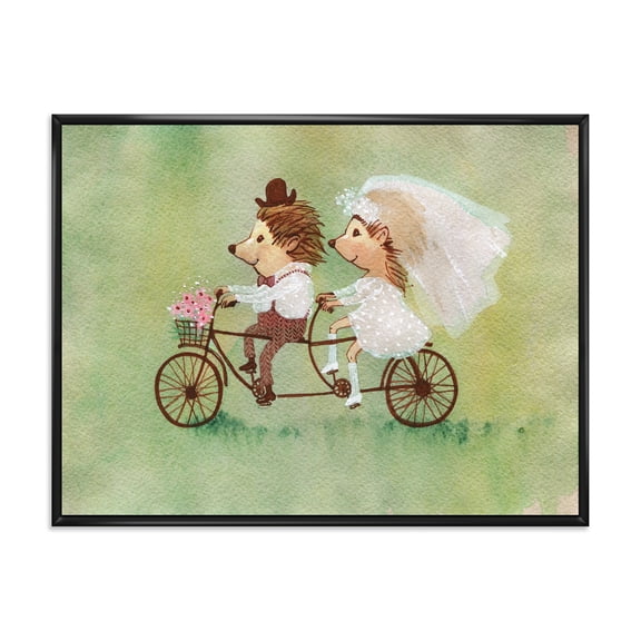 Designart 'Wedding Couple of Hedgehogs Riding A Bike' Traditional Framed Canvas Wall Art Print